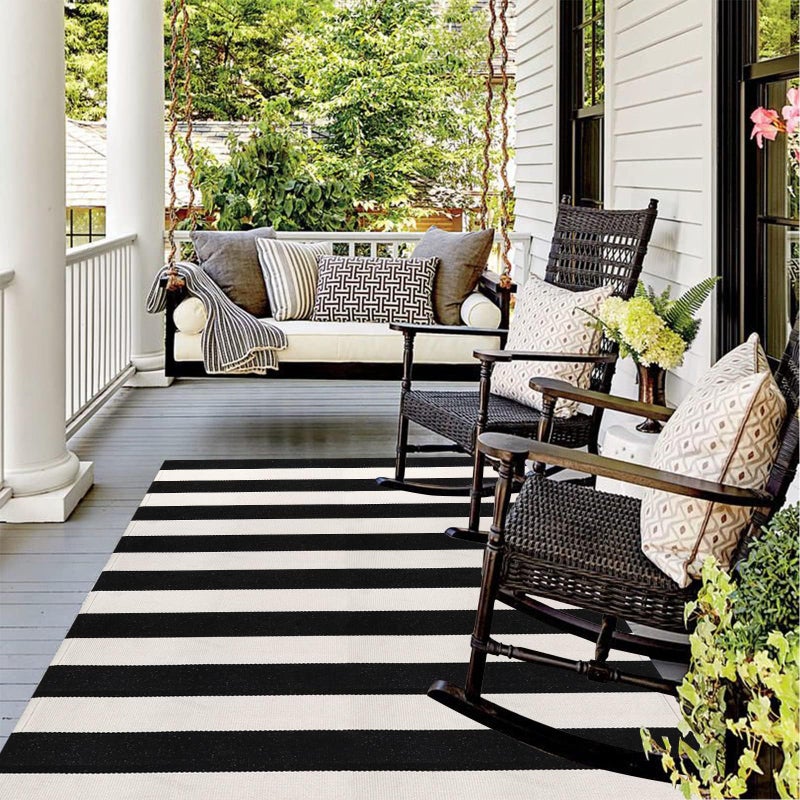 LEEVAN Black and White Outdoor Rug 4x6, Cotton Washable Outdoor Patio Rug, Black Striped Reversible Rug for Balcony Decor, Woven Entryway Rug for Layered Door Mats Porch/Front Door - Image 1